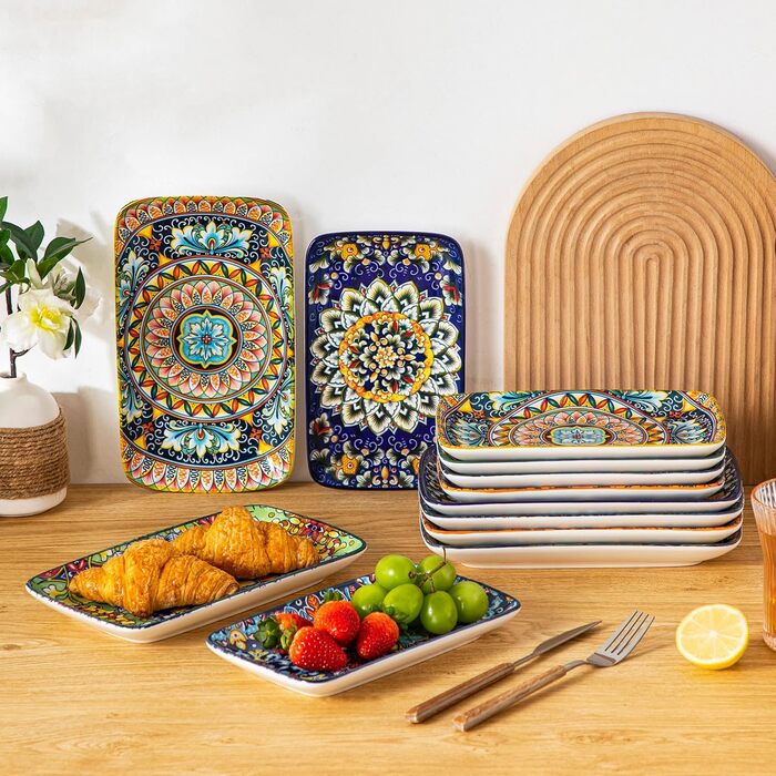 Vancasso Serving Plates, Porcelain, SIMI Rectangular Plate Set, 6-Piece Bohemian Dinner Plates, Dessert Plates for 6 People, 24.7 x 14.2 x H 3.1cm