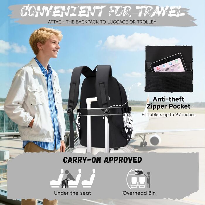 Шкільний рюкзак Tanou для хлопців-підлітків, чорний, з принтом графіті, водонепроникний, 10-18 років