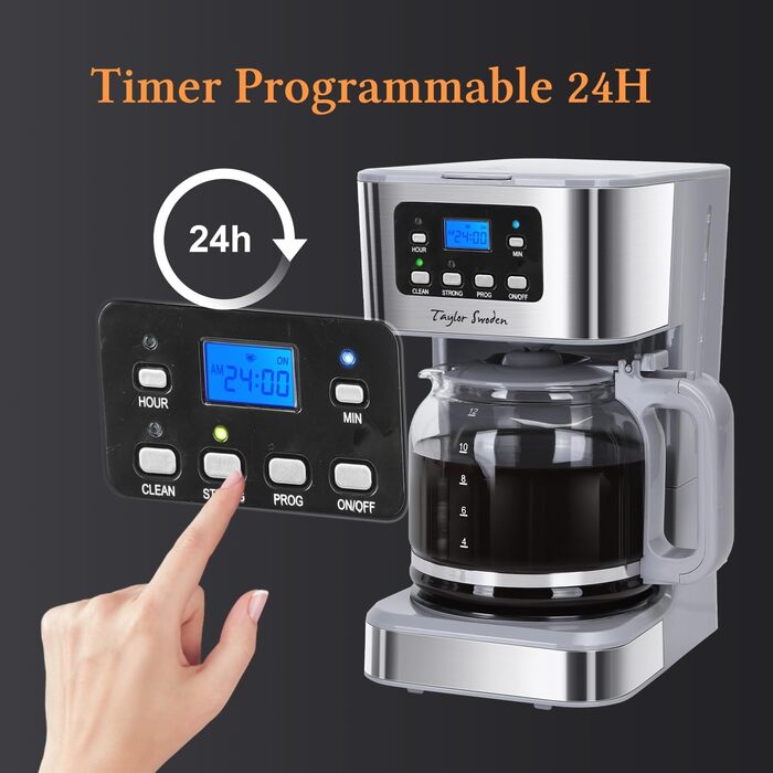 Кавомашина Taylor Swoden Darcy 950W з таймером, 1.5L, 12 чашок, автоматичне відключення, стоп-капля, багаторазовий фільтр, BPA-free (сіра)