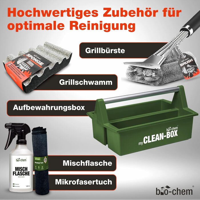 Bio-Chem Grill Cleaning and Care Set Professional Box 9-Piece: Smoke Residue Remover 1L (including spray bottle) + BBQ Cleaner 750ml + Stainless Steel Cleaner 750ml + Foam Sprayer + Grill Brush & Grill Sponge
