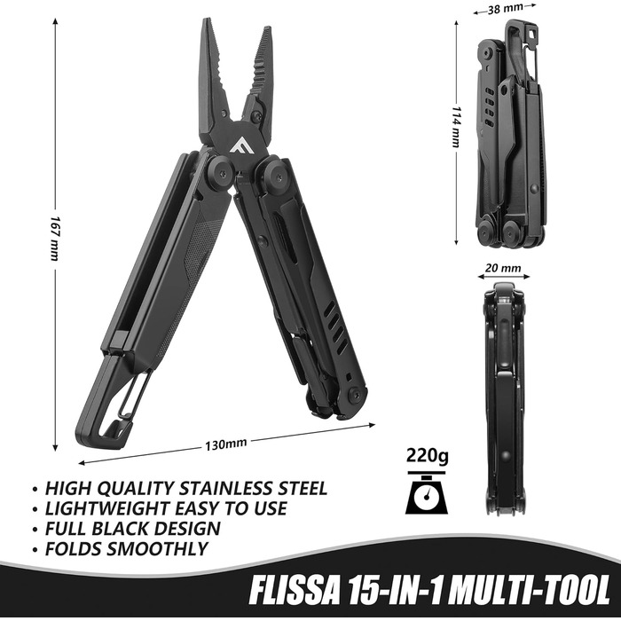 Мультитул FLISSA 15-в-1: ніж, пилка, ножиці, мультиінструмент для туризму, риболовлі та ремонту, з карабіном та чохлом, нержавіюча сталь