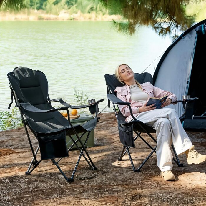 Кемпінговий стілець Timber Ridge складаний, до 180 кг, з регурованою спинкою (3 положення), підлокотниками, тримачем для напоїв та бічною кишенею, ширина сидіння 62 см