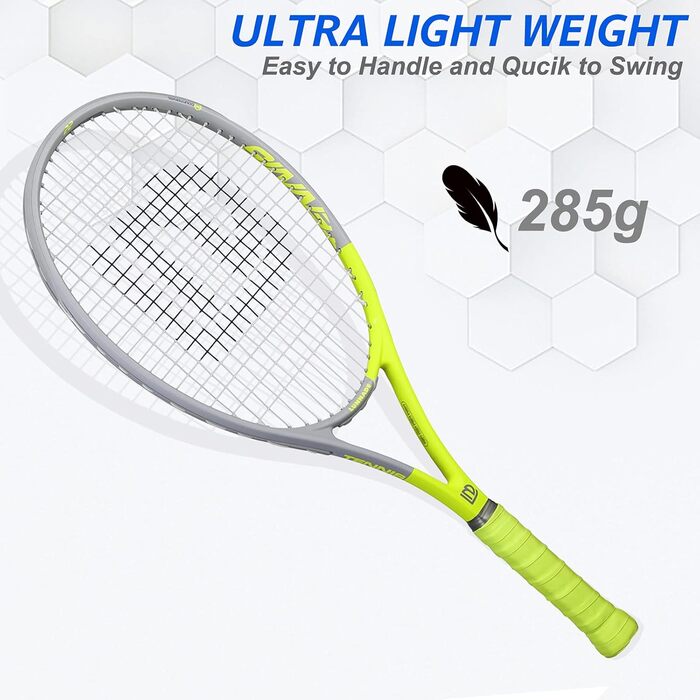 Lunnade 27 Inch Tennis Racket Set - 2 Rackets with Cover - Adult, Beginner & Advanced - Gray & Yellow
