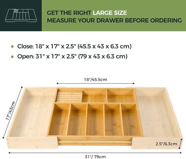 VaeFae Bamboo Cutlery Box, Adjustable Drawer Cutlery Insert, Cutlery Organizer for Kitchen, and Expandable Utensil Holder