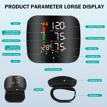Автоматичний тонометр на зап'ясті з LCD-дисплеєм, регульована манжета, пам'ять на 99 вимірювань