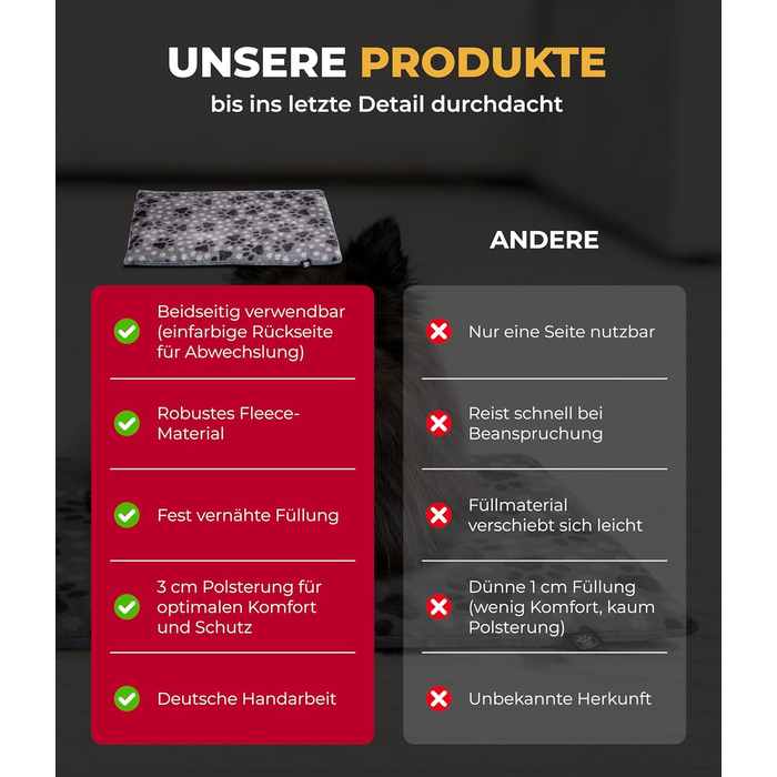 Підстилка для собак XS (45x65 см) – двостороння та зручна з наповнювачем 3 см – ідеальна для дивану, авто та переноски – лапка сірого кольору, Made in Germany 45 x 65 см, сіра лапка