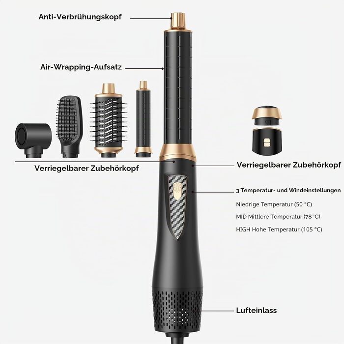 Стайлер для волосся 5 в 1 UKLISS Airstyler: іонний фен-щітка з автозавиванням (32 мм), набір для сушіння, випрямлення та об'єму, чорний