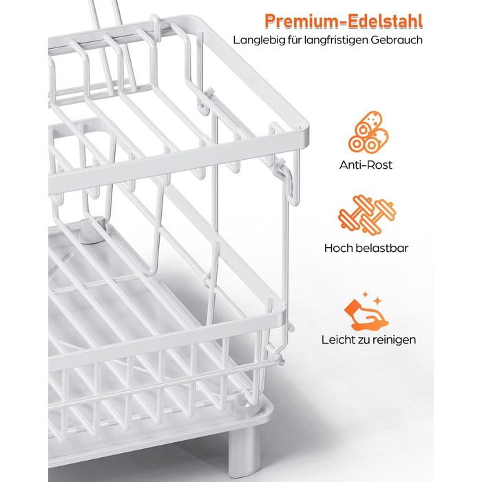LIONONLY Dish Drying Rack, Small 2-Tier Dish Rack with Drip Tray, Stainless Steel Dish Drying Rack with Utensil Holder, Drink Holder and Swivel Spout, Dish Drying Stand Kitchen