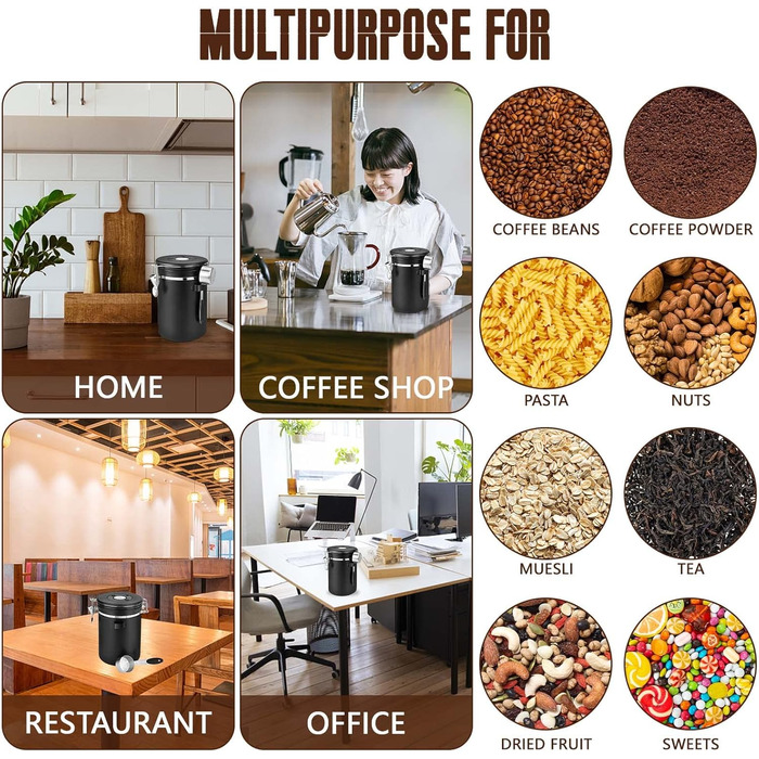 Контейнер для кави Royouzi, 1.8л, нержавіюча сталь, з ложкою, вакуумний, чорний