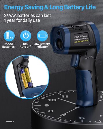 Інфрачервоний термометр Eventek -50°C до 600°C з лазером, регульований коефіцієнт випромінювання, цифровий, для гриля, піци, кухні, промисловості