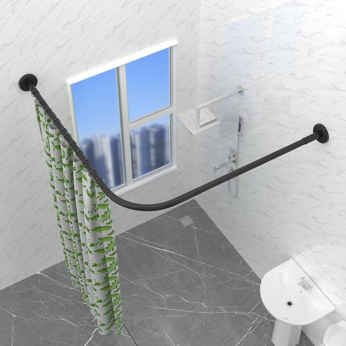 Штанга для душу L-подібна, регульована, 75-170 см, нержавіюча сталь, чорний колір, з кільцями для душу, для ванної кімнати, ванни, роздягальні