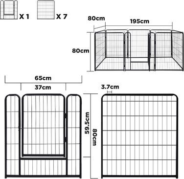 Кізовод для цуценят/кошенят/кроликів: металевий загон 65x80 см, чорний, 8-секційний (для внутрішнього та зовнішнього використання)