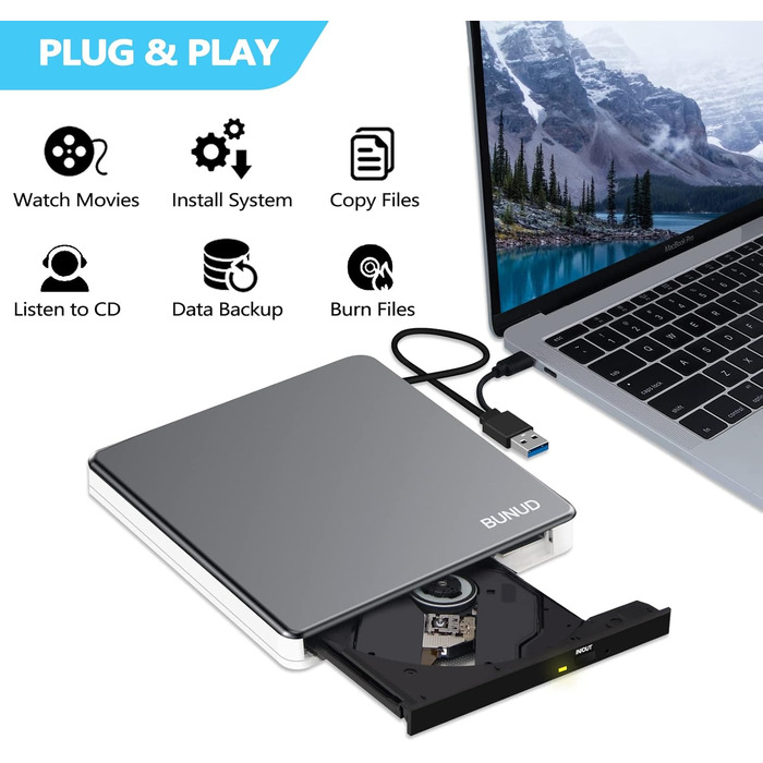 Зовнішній CD/DVD привід BUNUD USB 3.0 та Type-C, портативний DVD-брунер з картридером SD/TF та 2 USB-портами для ноутбука, PC, iMac, Windows та macOS, сіро-білий