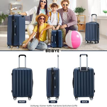 BEIBYE TSA Lock 2080 Twin Roller 3-Piece Travel Suitcase Set, Luggage Set, Trolley, Trolleys, Hard Shell (Dark Blue)