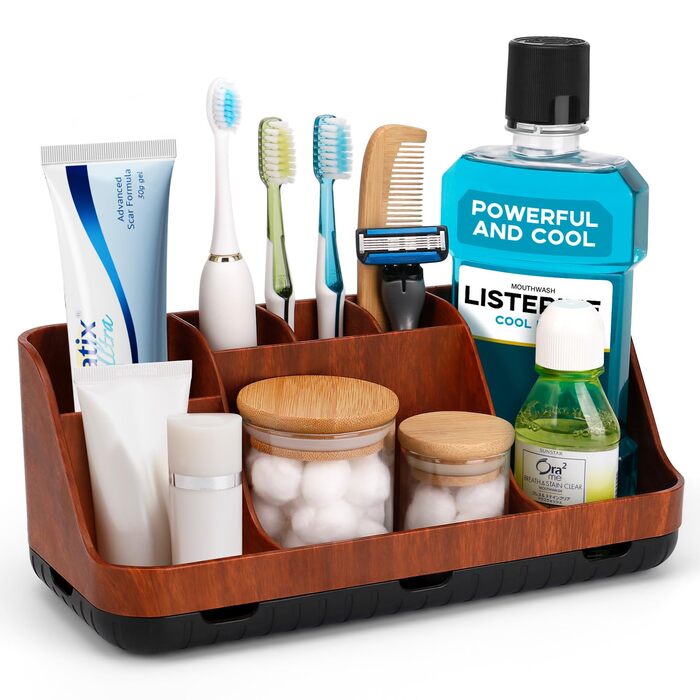 Тримач для зубних щіток у ванну кімнату: органайзер для електричних щіток та пасти, 7 відділень, червоне дерево