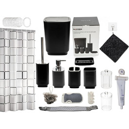 Набір аксесуарів для ванної кімнати: сміттєвий бак, тримач для зубних щіток, дозатор мила, мильниця, стакан для зубних щіток, ватні диски, шторки, сріблястий