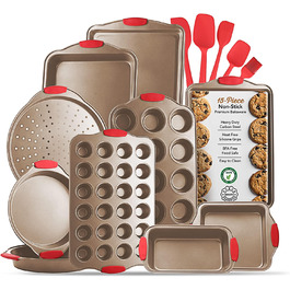 Набір для випічки EATEX з 15 предметів з вуглецевої сталі з антипригарним покриттям, коричневий. Форми для печива, кексів, хліба та багато іншого. Силіконові ручки.