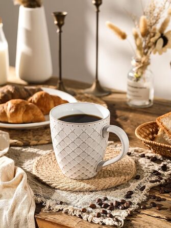DOWAN Coffee Mug Set, 6 x 560 ml Porcelain Coffee Cups, Large Mugs with Embossed Pattern in Country House Style for Coffee, Milk, Tea & Hot Chocolate, Reactive White Mug Set