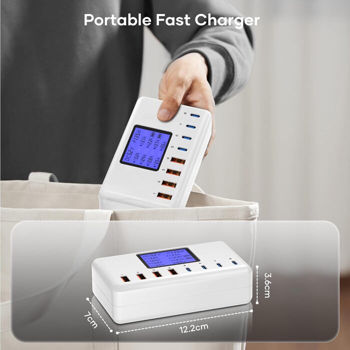 Зарядний пристрій USB-C 152W з LCD дисплеєм, 4x USB-A, 4x USB-C, швидка зарядка для iPhone 16, iPad, Samsung та інших пристроїв - Чорний