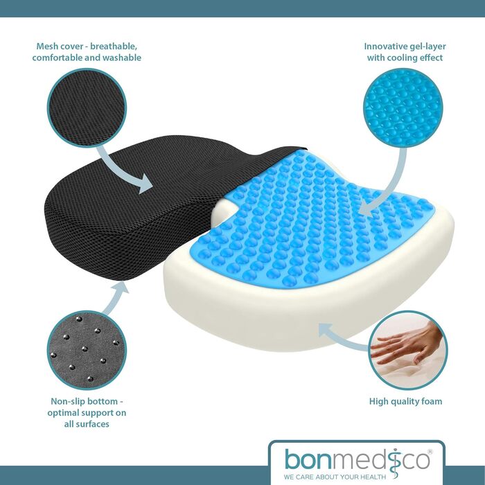 Ортопедична подушка для сидіння Bonmedico з Memory Foam Gel - для автомобіля, офісу, крісла колісного - чорна сітка, велика