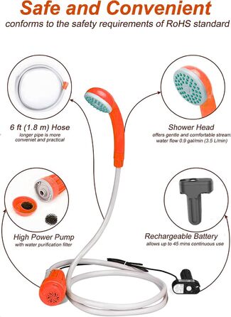 Кемпінгова душова кабіна Zooma з насосом, портативна душова для відпочинку на природі та саду (Orange 1, 2 батареї)