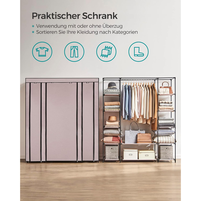 SONGMICS Wardrobe, Fabric Closet, with Clothes Rail and Shelves, Fabric Cover, for Bedroom, Dressing Room, 150 x 45 x 175 cm, LSF03H (Powder Pink)