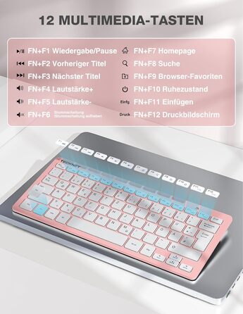 TECKNET Бездротова Клавіатура та Миша, QWERTZ, 2.4 GHz, 15м, Безшумна, для ПК, Ноутбука, Smart TV, Біла (Рожева)