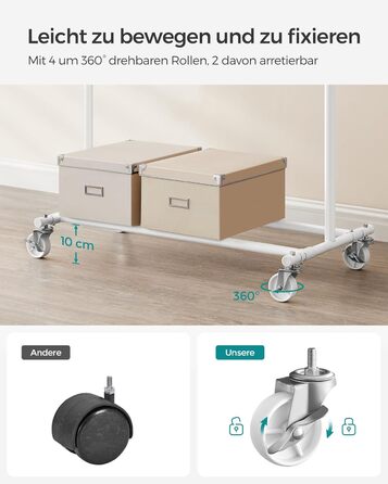 SONGMICS Вішалка для одягу на колесах, важкий, висувна штанга, до 100 кг, білий HSR013W01