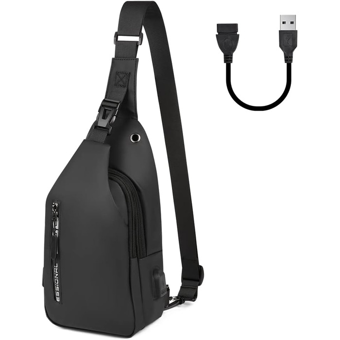 Чоловіча нагрудна сумка-слінг Brusttasche з USB-портом для зарядки, водонепроникна, чорна (#3 B)