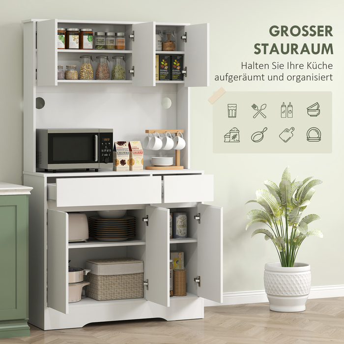 HOMCOM Kitchen Cabinet Buffet with Countertop, 6 Doors, Tall Cabinet with Adjustable Shelves, Cable Holes, Microwave Cabinet Modern Storage Cabinet, White, 100 x 38 x 180 cm | Aosom