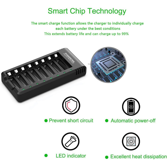 Зарядний пристрій PowerOWL для акумуляторів AAA Pro, комплект 8 шт. + 8 акумуляторів AAA, перезаряджувані (NIMH)