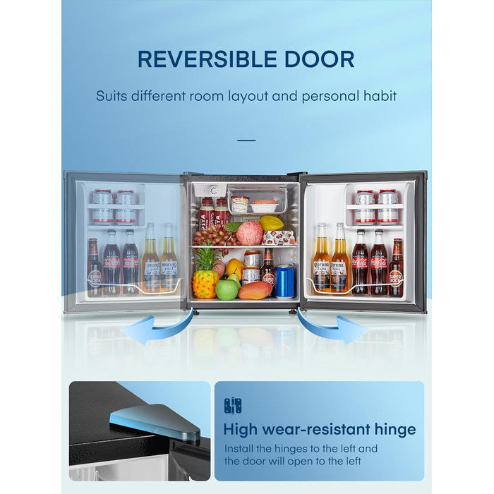 Міні-холодильник 46л з відділенням для льоду, чорного кольору. Енергоефективний, з регулюванням температури та змінним напрямком відкривання дверцят. Ідеально підходить для кухні, офісу, спальні, готелів та невеликих квартир.