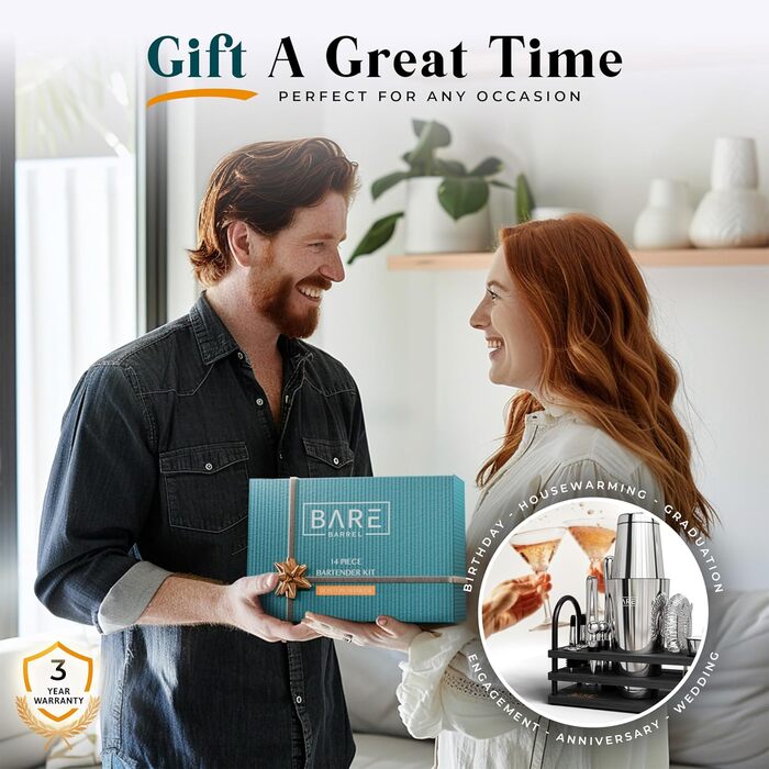 Набір для коктейлів Pro Cocktail Kit: Шейкер для приготування коктейлів, 14 предметів, з рецептами (800 мл, срібно-чорний)