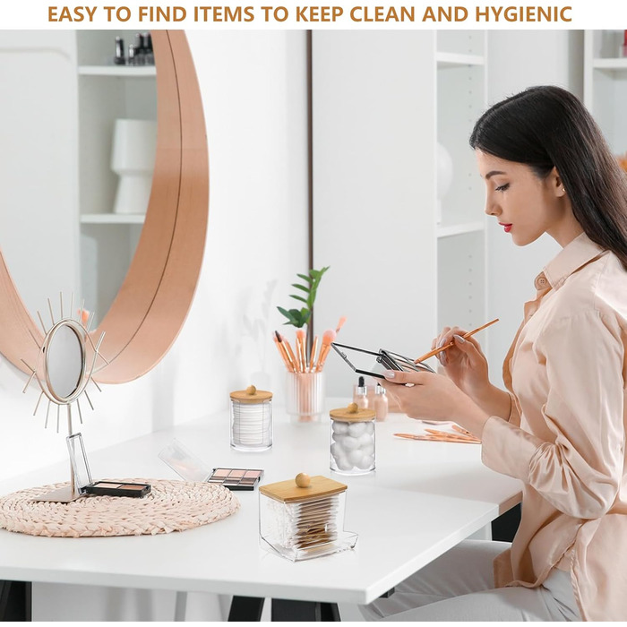 Контейнер для ватних паличок та дисків, акрил з бамбуковим кришками, прозорий. Організатор для макіяжу та ванної кімнати