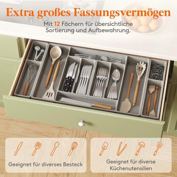 Органайзер для столових приборів Lifewit, 51.6x42 см, на 60 приборів, знімний тримач для кухонного начиння, пластиковий лоток для ложок, ножів, виделок (81.6 x 42 x 5 см)