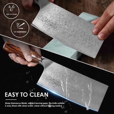 Ніж кухарський Дамаск Шарф: професійний ніж для м'яса з дамаської сталі, ручна робота, з антиковзним дерев'яним руків'ям, у подарунковій коробці