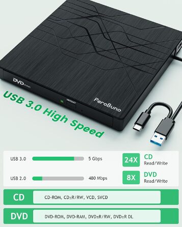 Зовнішній DVD-привід PeroBuno USB 3.0 Type-C, CD/DVD ROM +/-RW, ультратонкий оптичний накопичувач та записник для ноутбука, ПК, MacBook (Windows, Linux, macOS)