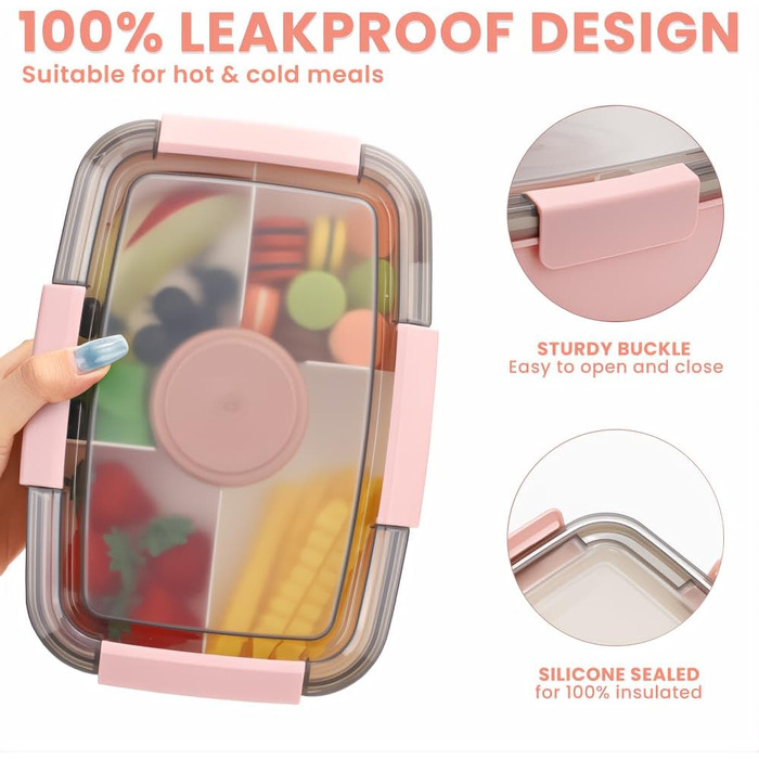 Ланчбокс Bugucat 2000 мл (2 шт.) - чорний та рожевий, з відділеннями, для дорослих та дітей, з виделкою