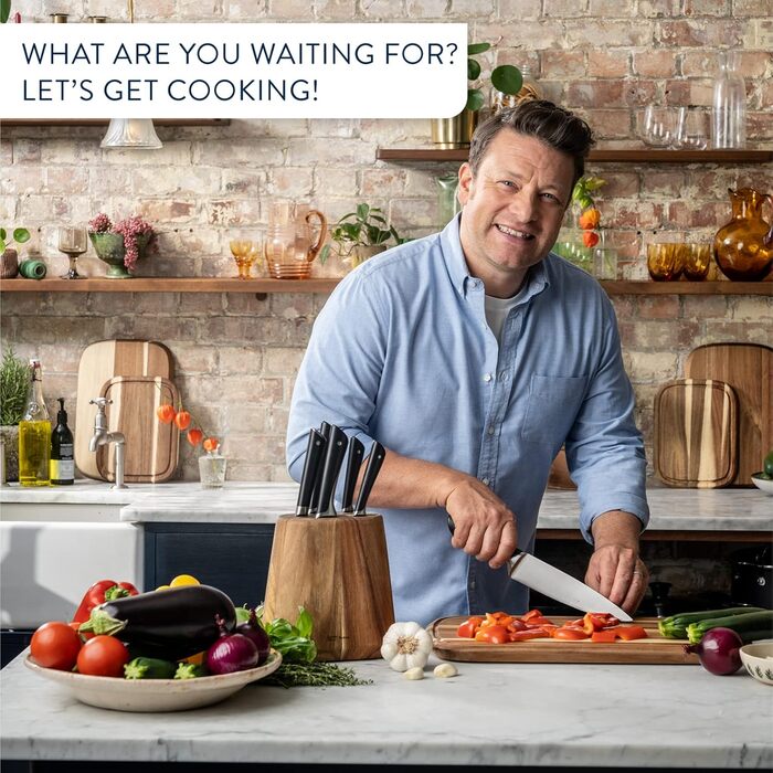Набір кухонних ножів Jamie Oliver by Tefal (5 предметів) + блок: шеф-ніж, сантоку, ніж для хліба, універсальний ніж, ніж для овочів, сталь, акація, коричневий K267S556
