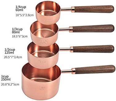 FBHappiness 4-Piece Stainless Steel Measuring Cup Set with Wooden Handle, Measuring Spoons, Gold-Plated Measuring Spoon Set for Baking in the Kitchen (Size: Measuring Cup) (Measuring Cup in Rose Gold)