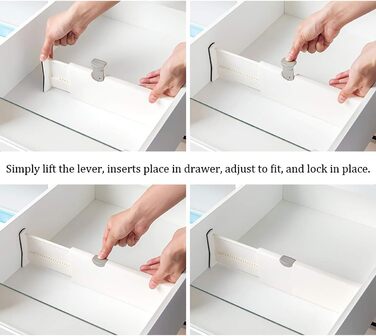 Lawei 4-Pack Adjustable Drawer Dividers Organizer Separators for Bedroom, Bathroom, Dresser, Closet, Baby Drawer, Desk, Kitchen - White
