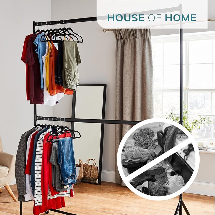 Direct Online Houseware House of Home Extra Robust Clothes Rack with 2 Levels, 2.14 m H x 1.83 m L, in Black – Clothes Rail for Bedroom, Double Clothes Rail, High-Quality Hanging Storage