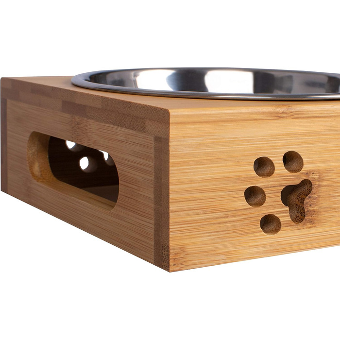 Станція для годування домашніх тварин LAUBLUST: підставка для мисок з бамбука, 2 нержавіючі миски | для собак та котів, розмір 31 x 15 x 6 см | M