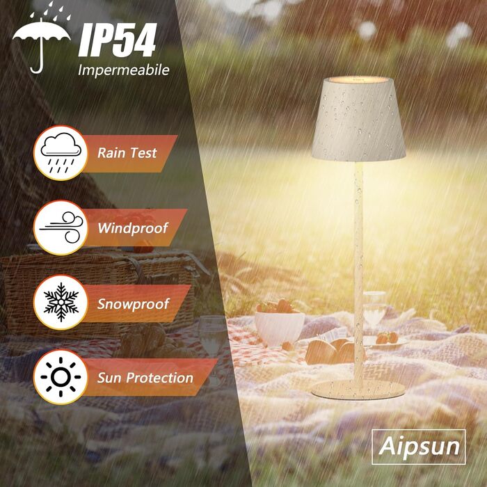 Aipsun: Бездротова LED-лампа настільна, акумуляторна, бежева, 6000mAh, регульоване світло (2700K-6000K), алюміній, IP54, вологостійка, для ресторану, спальні, бару, кемпінгу, 2 шт.