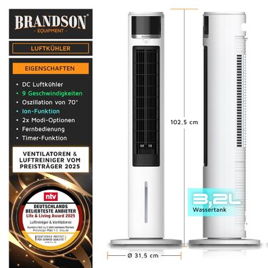Вентилятор з водяним охолодженням Brandson ECO Design: тихий, 9 швидкостей, таймер, осциляція, іонізація, з пультом, білий
