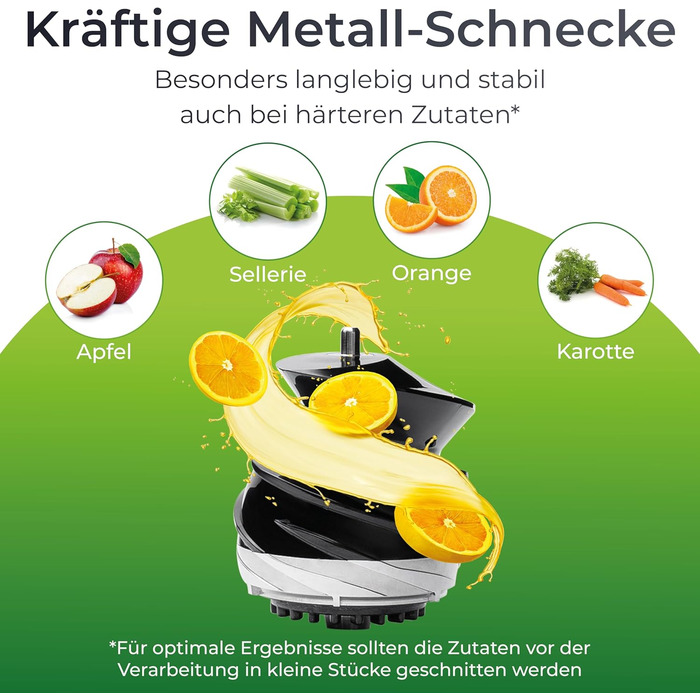 KLAMER Slow Juicer Vegetables and Fruit, Juicer with Reverse Function, Electric Fruit Press with Brush and 2 Containers, Sleek Design, Black