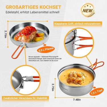 Набір посуду для кемпінгу KingCamp на 2-4 особи: нержавіюча сталь, складане приладдя, ультралегкий набір каструль та сковорідок для кемпінгу