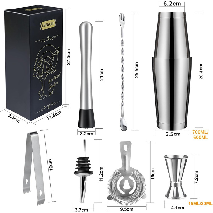 Набір шейкер для коктейлів Boston 700/600мл | Нержавіюча сталь | 8-ми частинний набір для бармена з аксесуарами: мірний стаканчик та барна ложка | Ідеально для дому та бару
