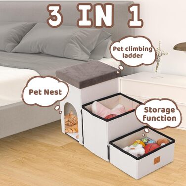 Сходинки для собак на 3 сходинки, 44 см, з місцем для зберігання, для ліжка/софи, для котів, для літніх тварин, губка, хатня тварина, бежевий колір