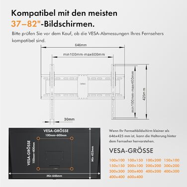 Кріплення для телевізора VonHaus для екранів 37-82 дюймів, рухливе кріплення з рівнем, плоске до стіни, нахилена функція, 75 кг, VESA до 600x400 мм